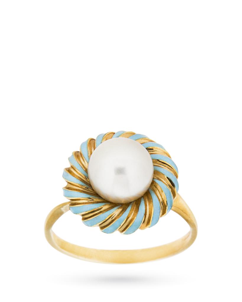 18kt yellow gold vintage ring with pearl and azure enamel - LUSSO ITALIANO