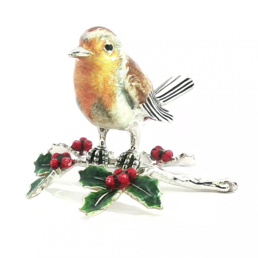 Pettirosso su agrifoglio soprammobile argento 925 smalto - SATURNO