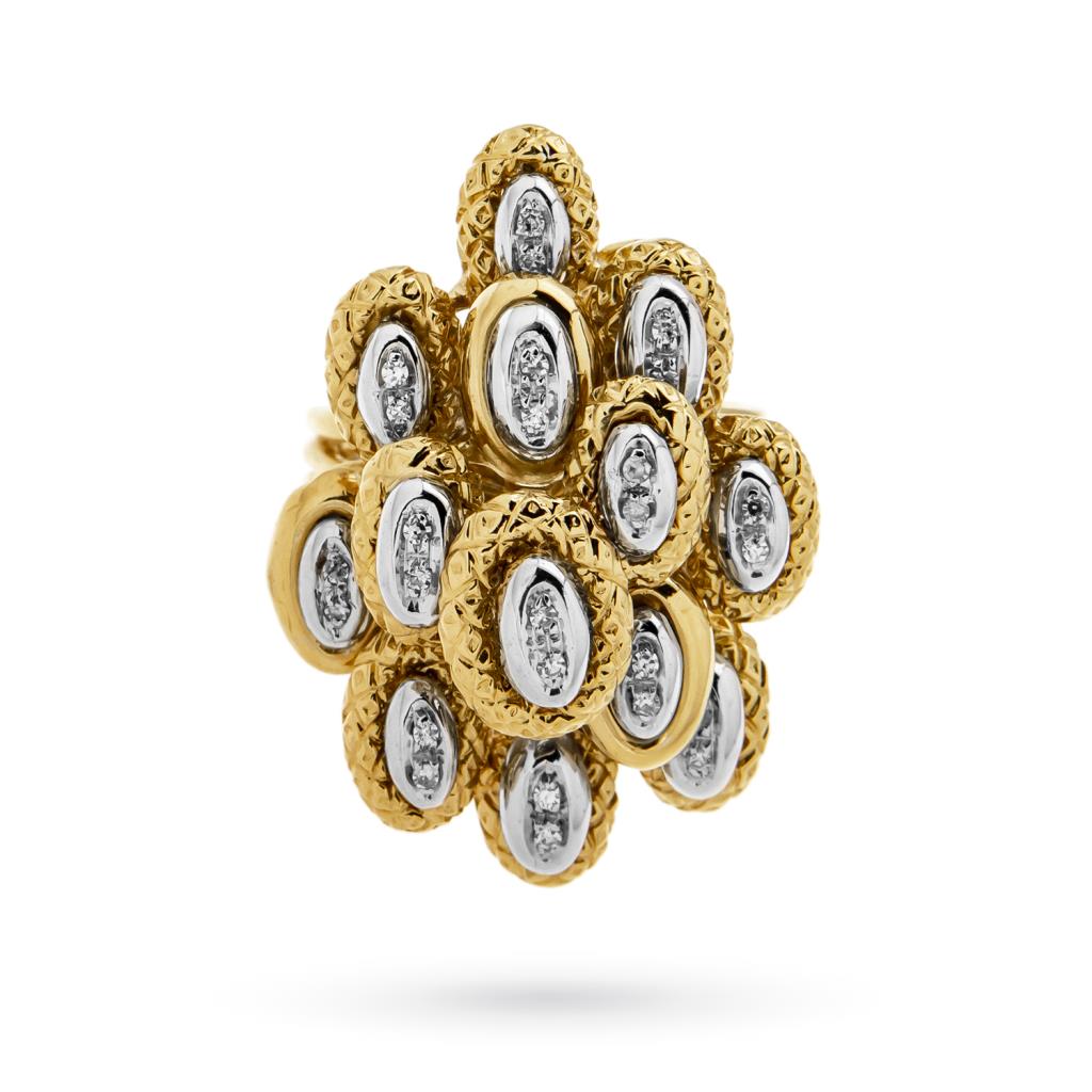 Anello vintage oro giallo e bianco ovali con diamanti - 