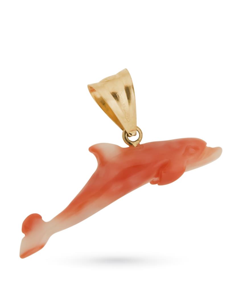 Ciondolo con delfino in corallo rosa inciso e oro giallo - LUSSO ITALIANO