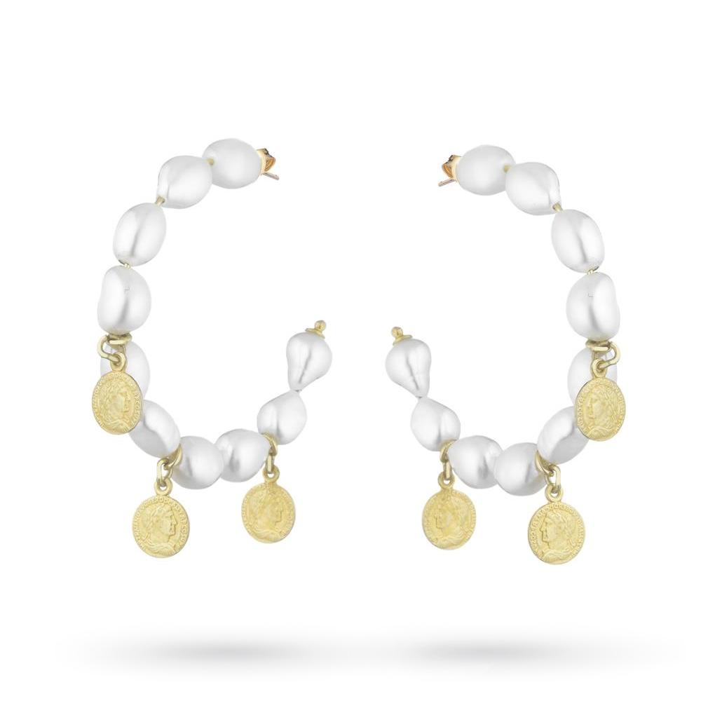Half circle earrings with golden silver coins pearls - GLAMOUR