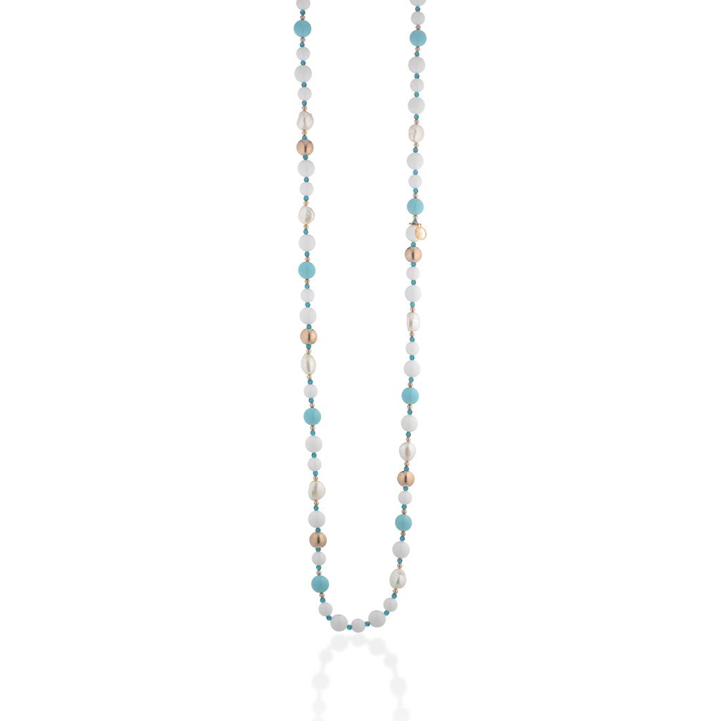 Long necklace with white agate, turquoise, pearls and pink silver 90cm - GLAMOUR