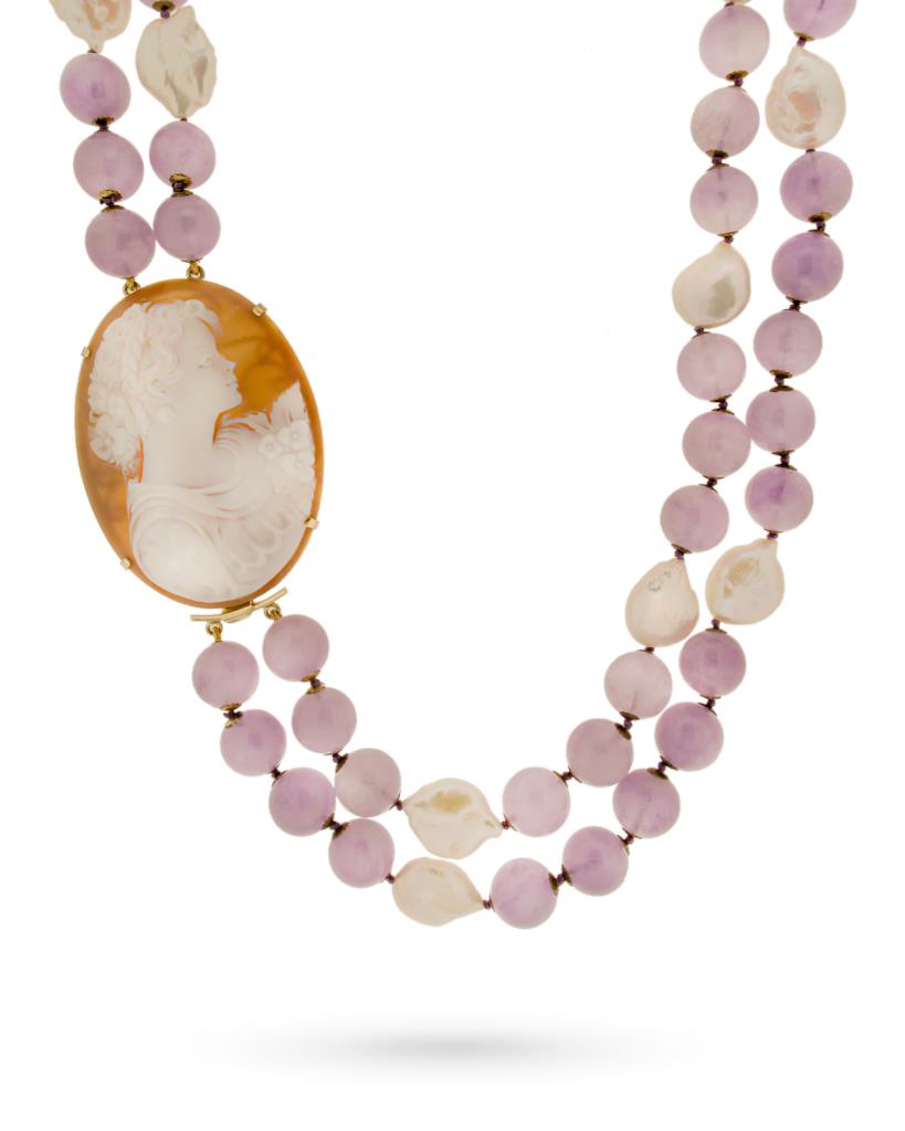 Long necklace with amethyst, pearls and cameo - UNBRANDED
