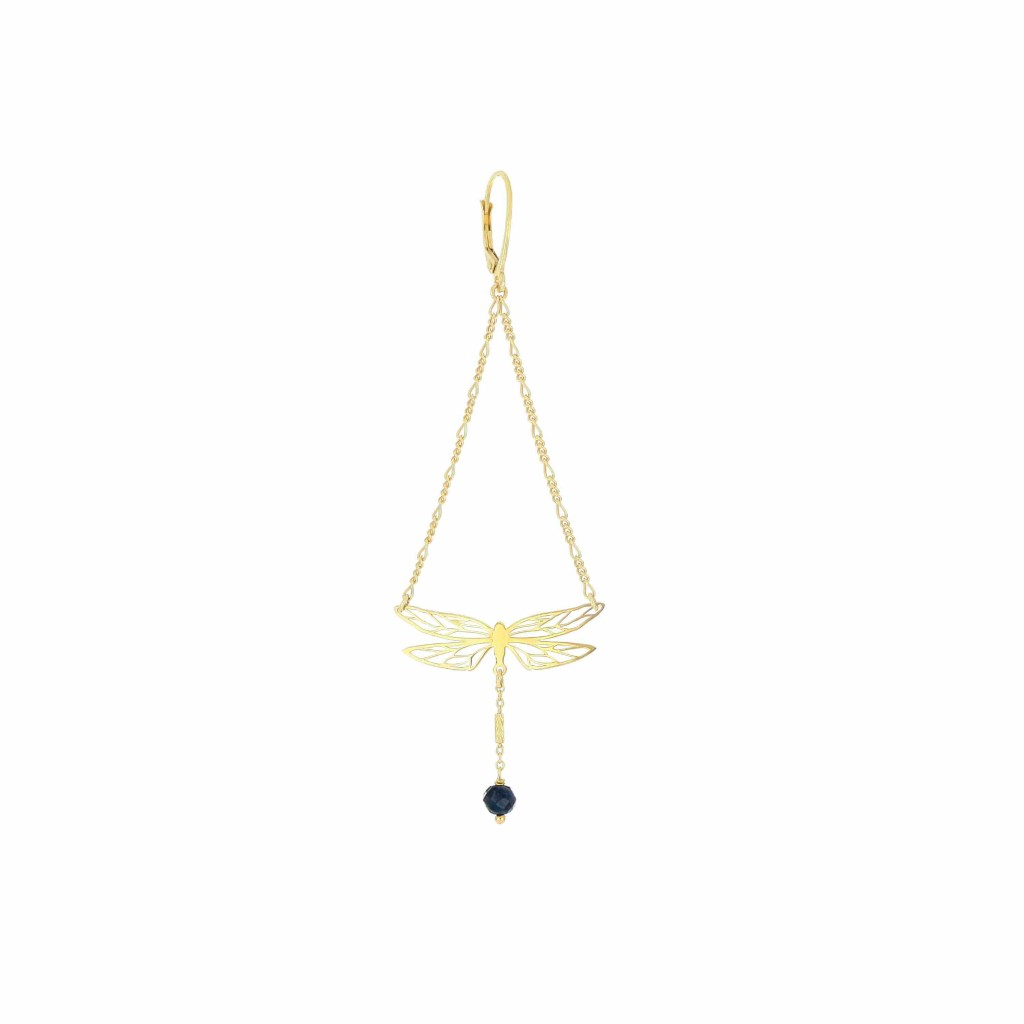 Orecchino singolo Maman et Sophie in argento 925 con galvanica oro giallo, libellula lucida e sfera di zaffiro alla coda.