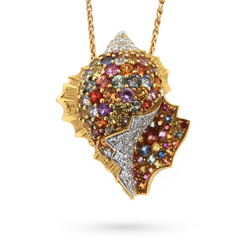 Gold shell necklace, multicolor sapphires and diamonds - ORO TREND