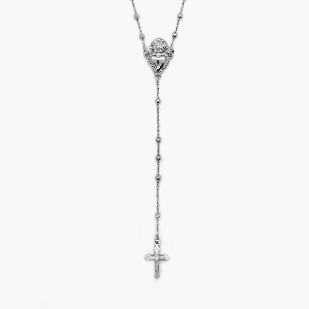 Ex-voto heart rosary necklace with gothic cross in rhodium plated silver - NOVE25