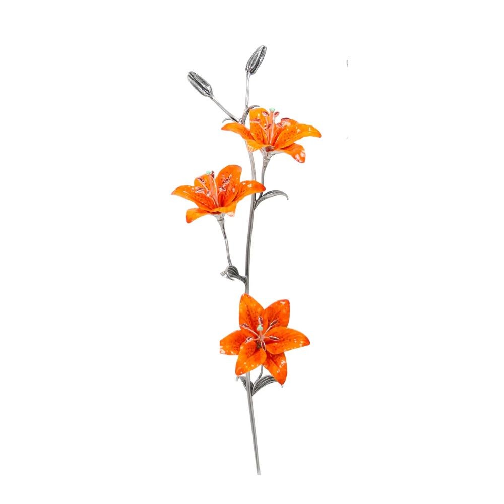 Lilium 3 Fiori Dipinto A Mano Arancio Soprammobile Argento