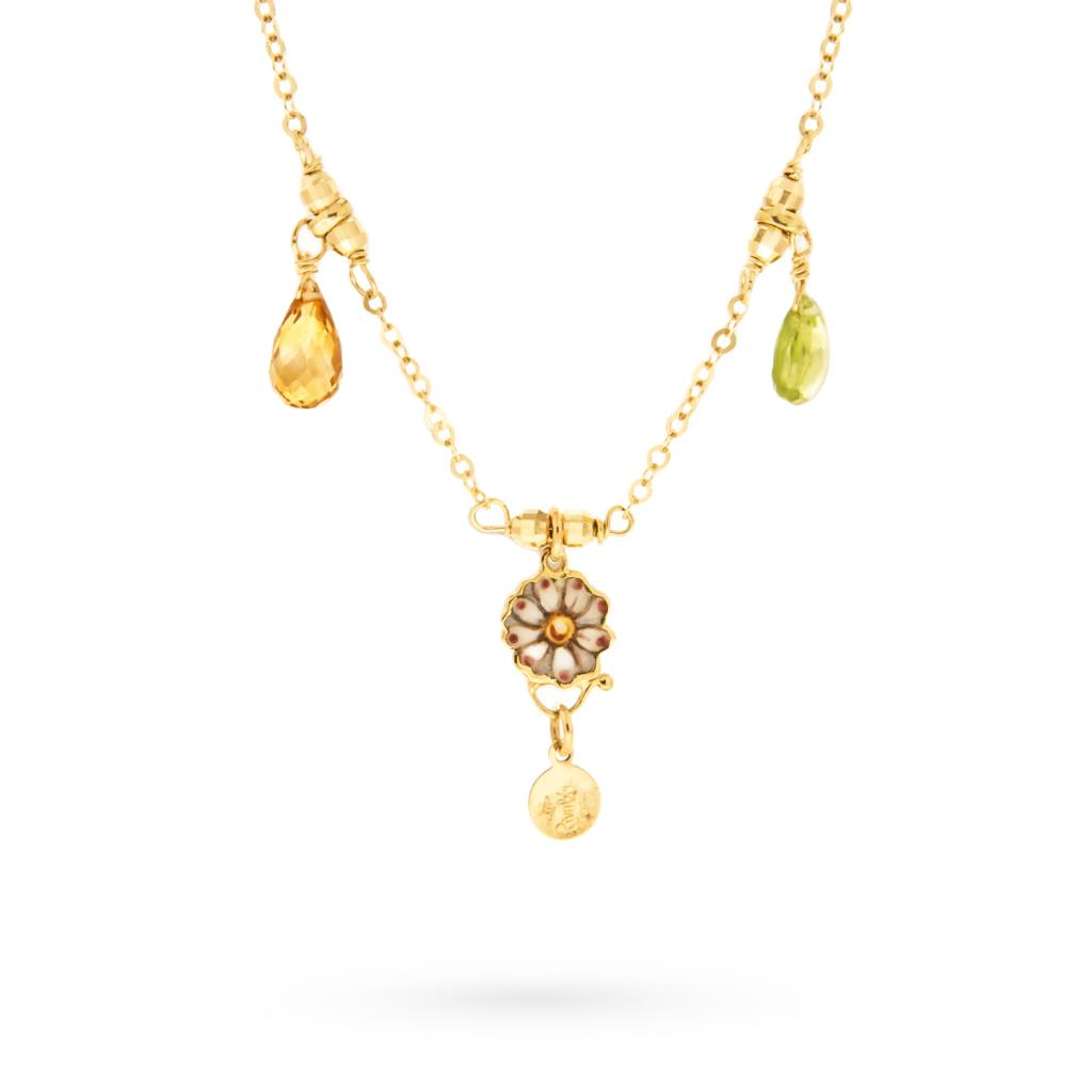 Gabriella Rivalta enameled daisy necklace in citrine yellow gold and peridot - GABRIELLA RIVALTA