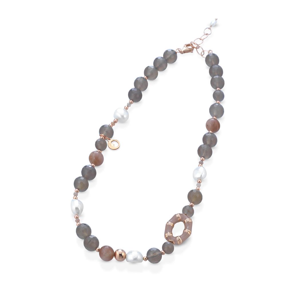 Rose silver necklace with pearls, agate, moonstone and powder enamel - GLAMOUR