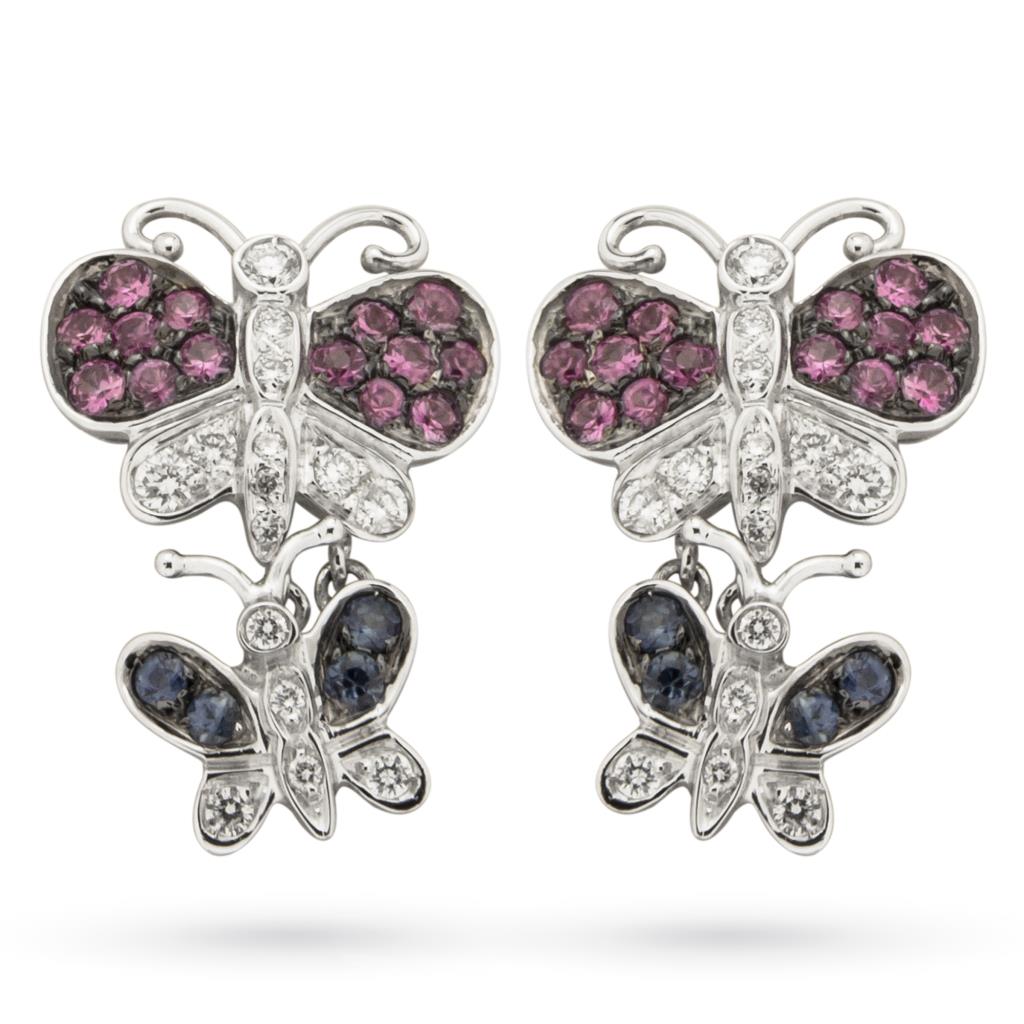 18kt white gold earrings with butterfly diamonds and blue and rose sapphires - ORO TREND