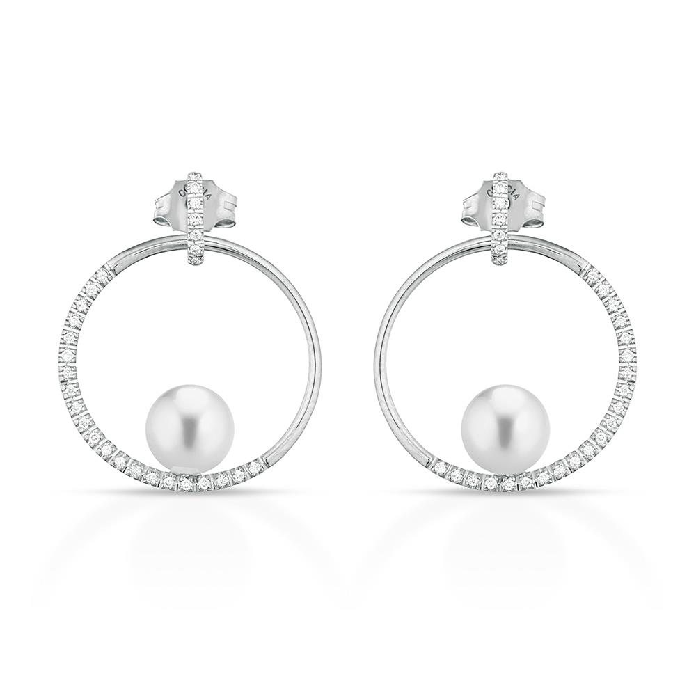 Gold circle earrings with Ø 7.5mm pearls and diamonds - COSCIA