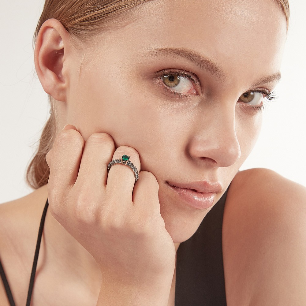 Fedina solitario foglie zircone verde argento brunito Nove25 - NOVE25