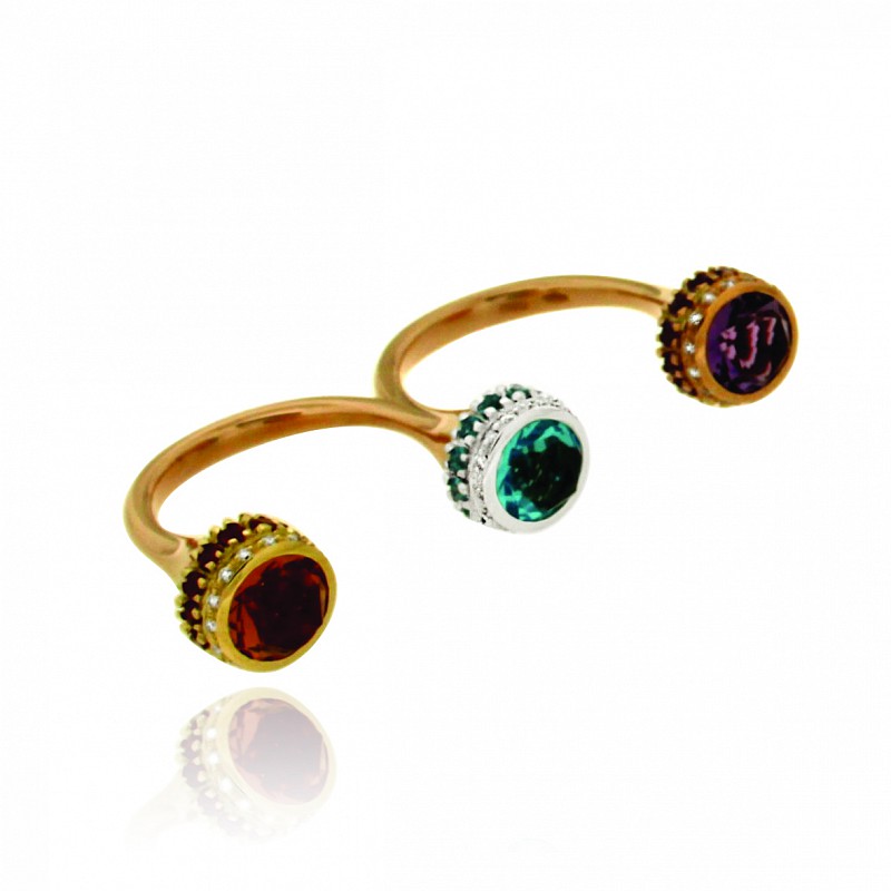  Anello doppio in oro con tre gemme e diamanti - ORO TREND