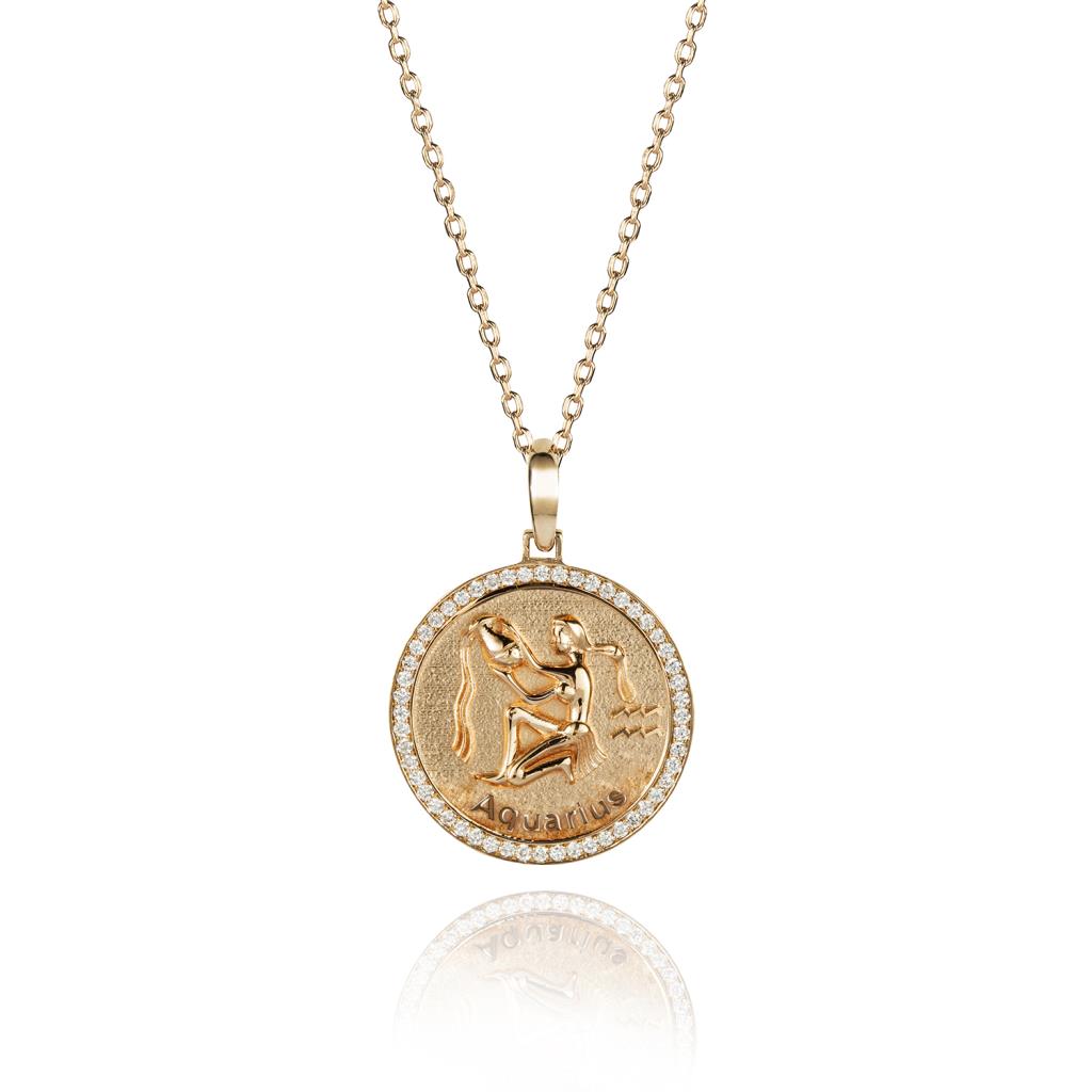 Aquarius zodiac sign gold and diamond medal necklace - RF JEWELS