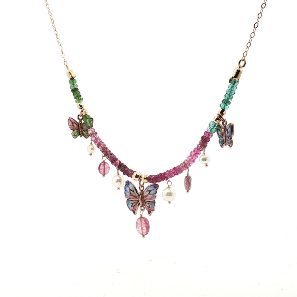 Gabriella Rivalta Necklace with Enameled Butterflies, Pearls and Multicolor Crystals - GABRIELLA RIVALTA