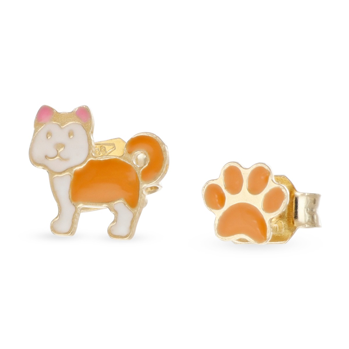 Orecchini in oro giallo 18kt per bambina con gatto bianco e arancione e orma smaltata arancione, 8x8 mm, Cicala##br##