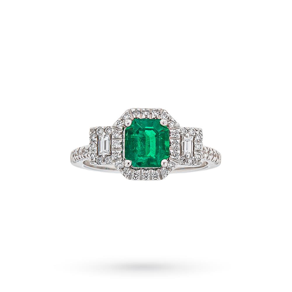 Anello smeraldo colombiano diamanti baguette e brillanti - CICALA