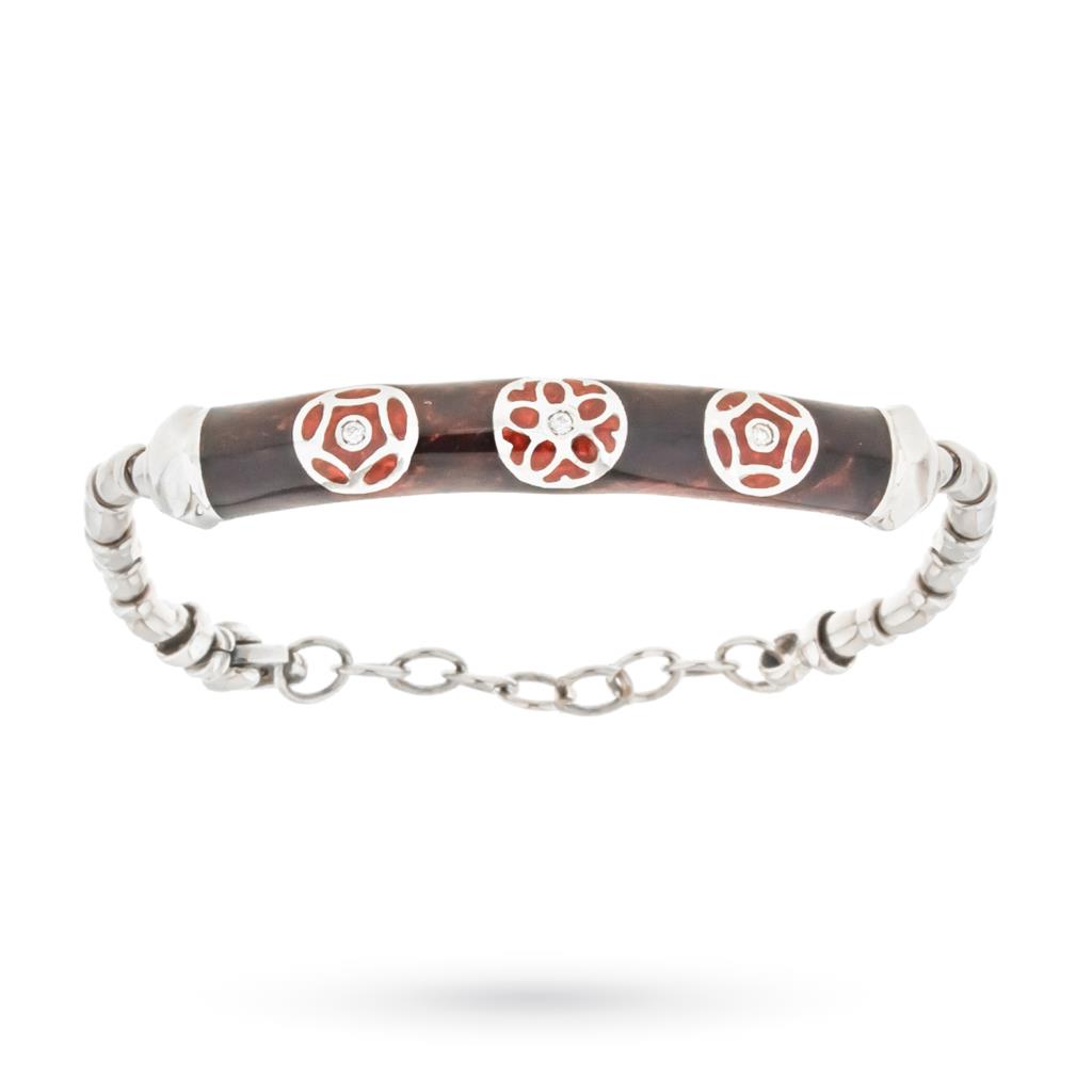 Bracciale in argento con smalto bordeaux fiori e diamanti 0,06ct - LA NOUVELLE BAGUE