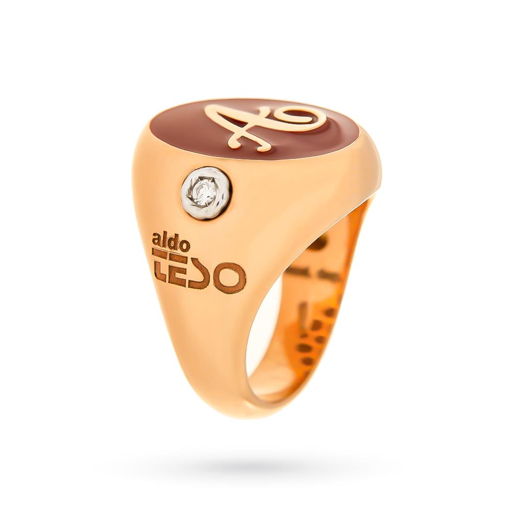  18kt gold chevalier ring red enamel initial A - LUSSO ITALIANO