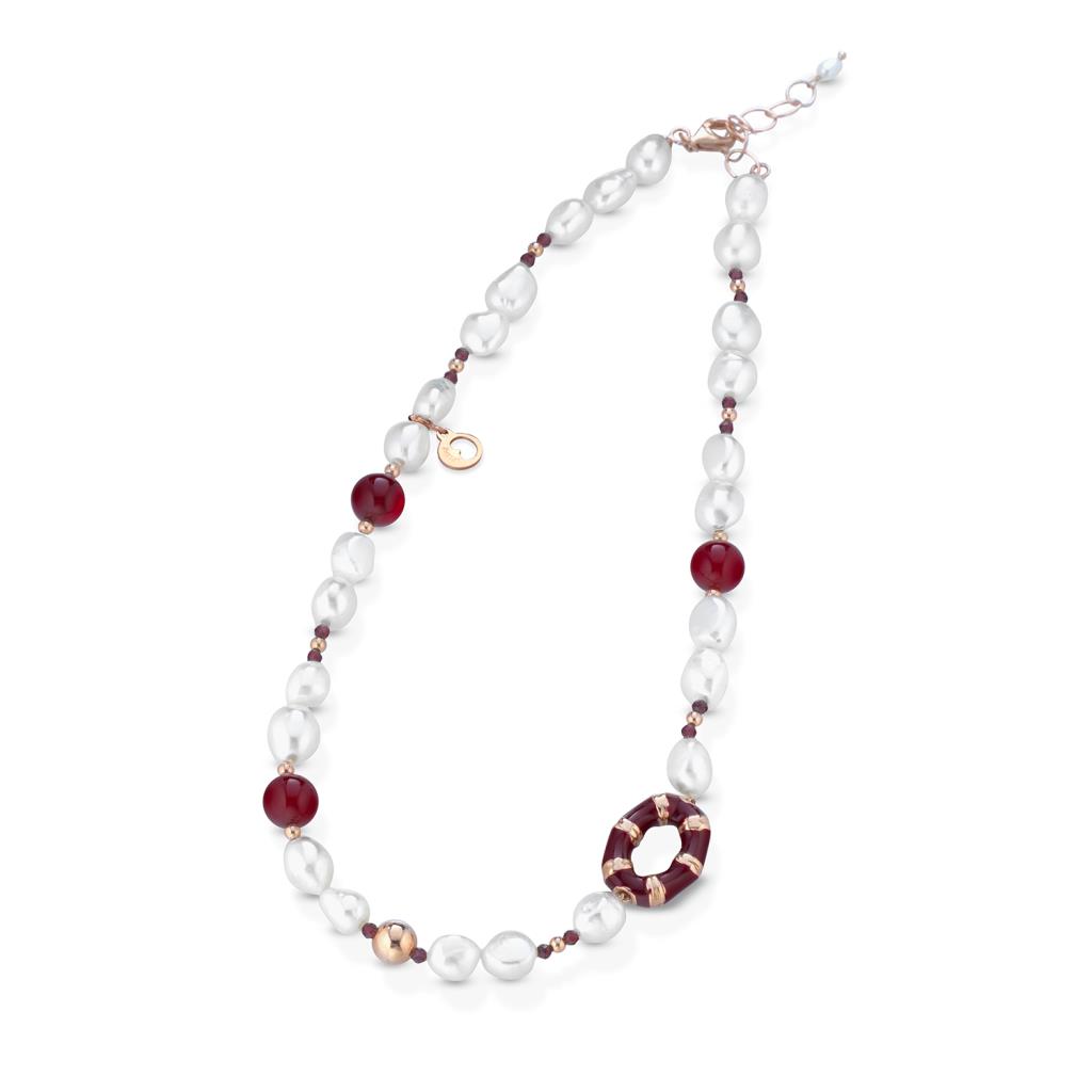 Freshwater pearl necklace and rose silver with red agate - GLAMOUR