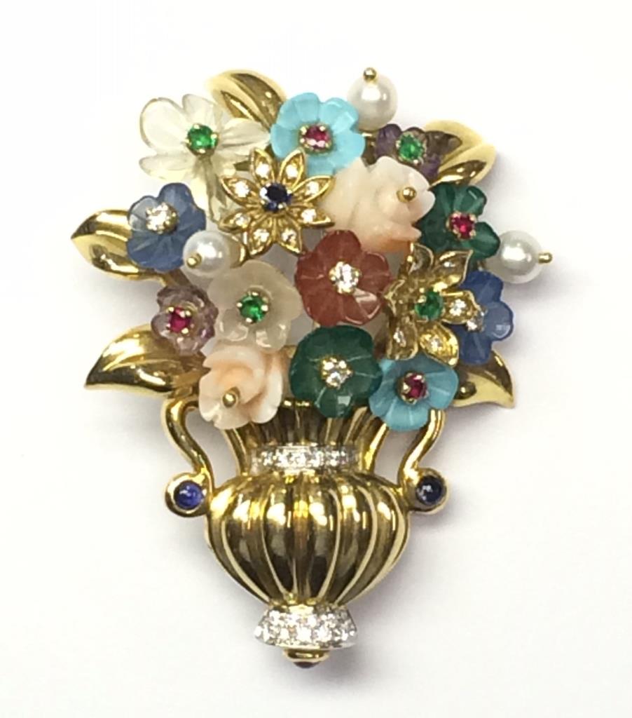 Spilla Giorgio Visconti oro vaso fiori pietre preziose - GIORGIO VISCONTI