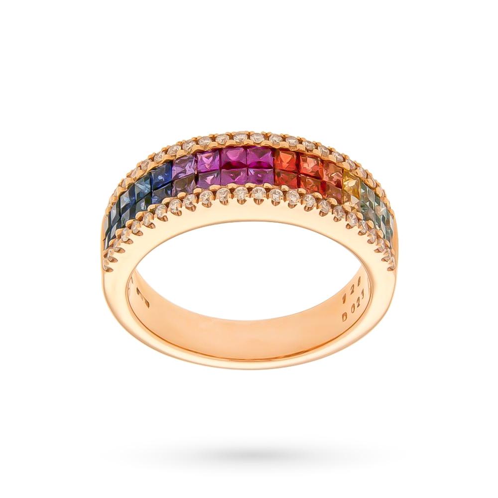 Anello fedina oro rosa arcobaleno zaffiri 1,28ct diamanti 0,23ct - CICALA
