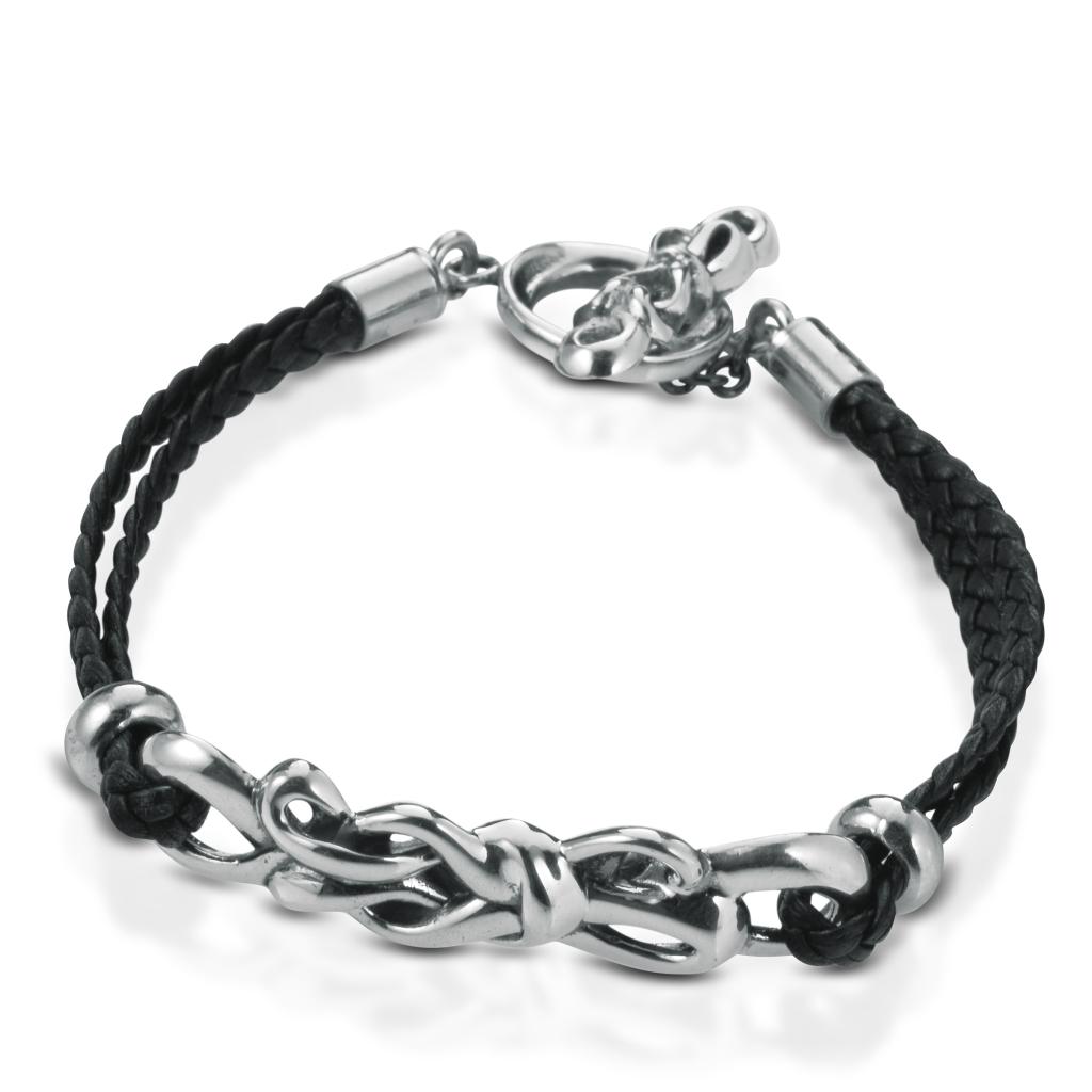 Double leather bracelet with 925 silver clasp and embroidery, lenght 18cm - MARESCA OFFICINE ORAFE