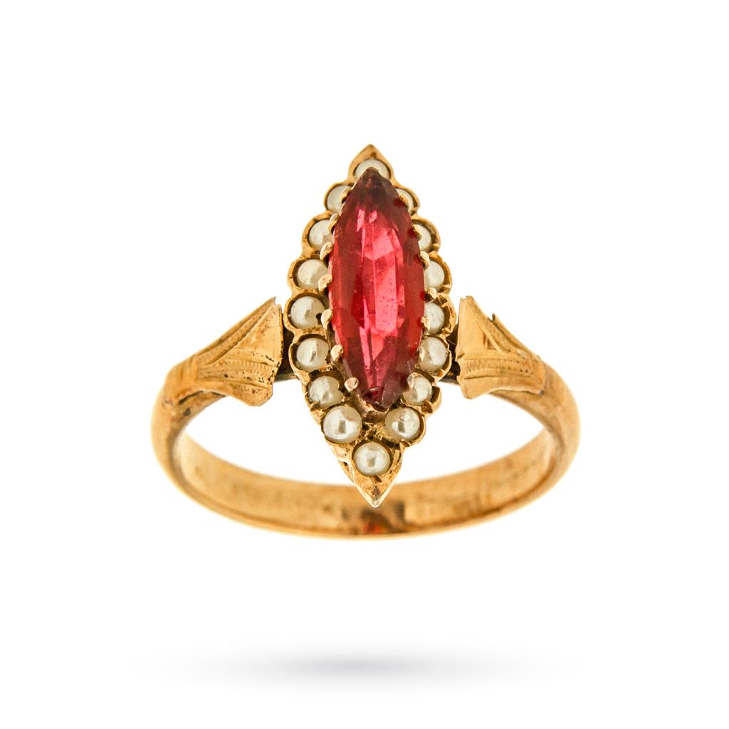 Vintage gold ring red corundum and pearls - 