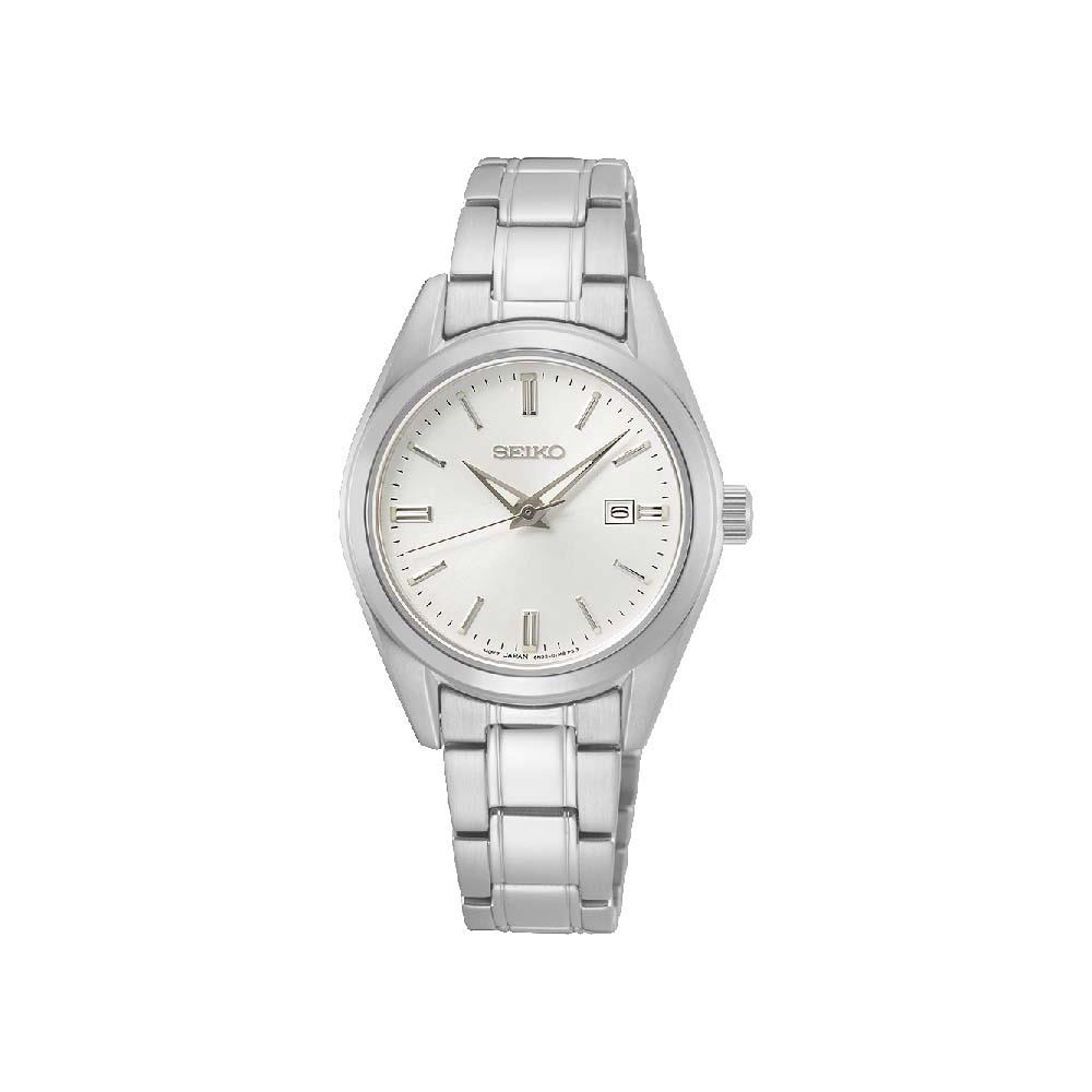 Orologio da donna firmato Seiko in acciaio con quadrante color bianco e indici.