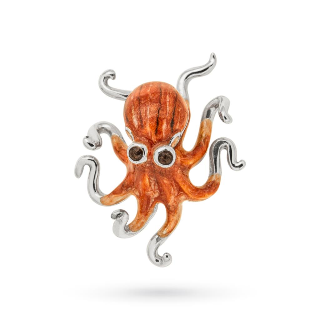Small red octopus ornament in silver and enamel - SATURNO