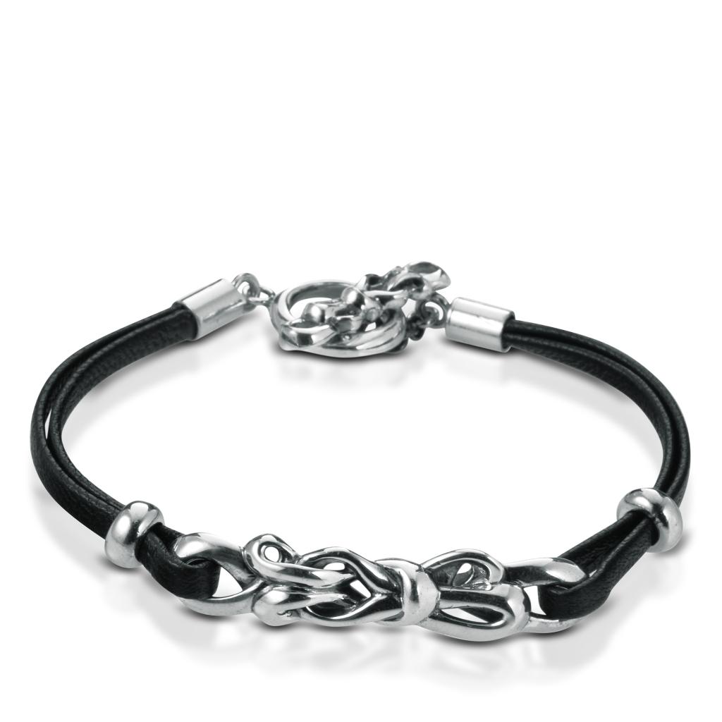 Leather bracelet with 925 silver clasp and embroidery, lenght 18cm - MARESCA OFFICINE ORAFE