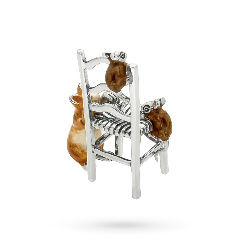  Gatto sedia 2 topolini soprammobile argento 925 smalto - SATURNO