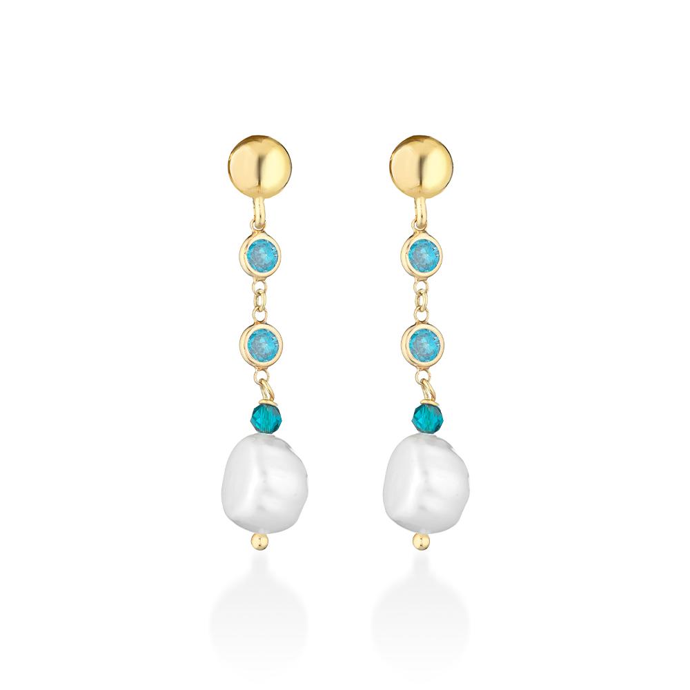 Orecchini argento dorato cristalli azzurri perle bianche - GLAMOUR