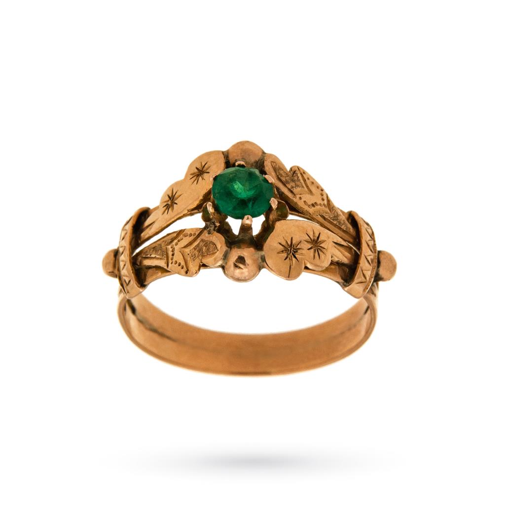 Vintage engraved rose gold ring and synthetic green stone - 