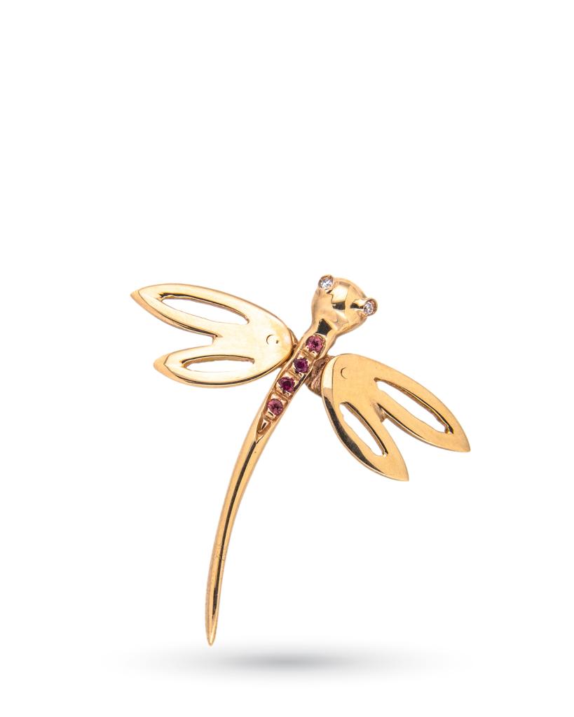 Ciondolo libellula in oro rosa con diamanti e rubini - UNBRANDED