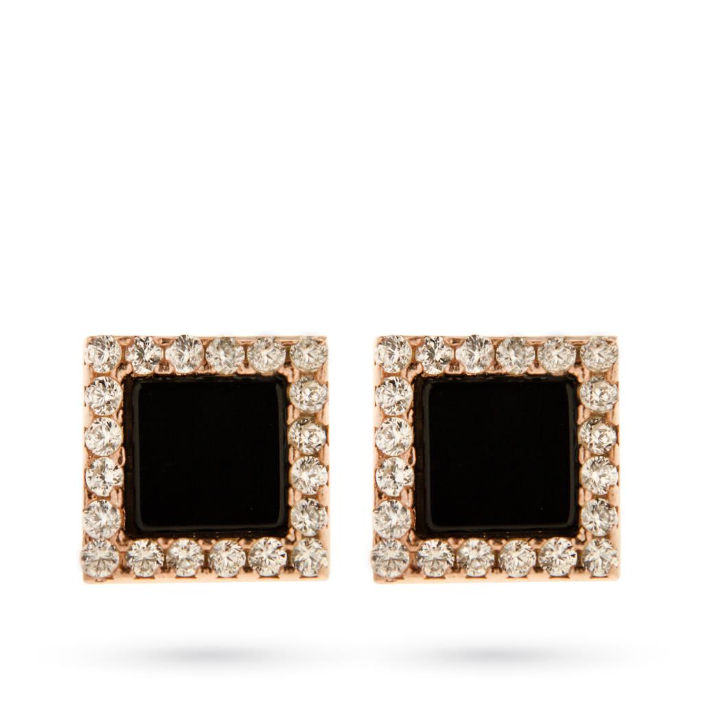 Orecchini quadrati in argento rosa con onice e zirconi - LUSSO ITALIANO