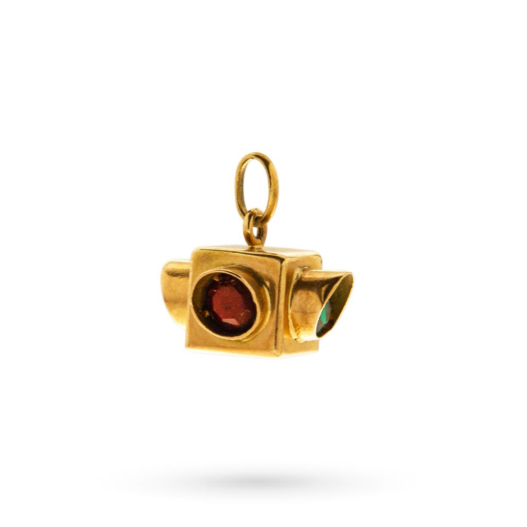 Vintage traffic light pendant yellow gold with gems - 
