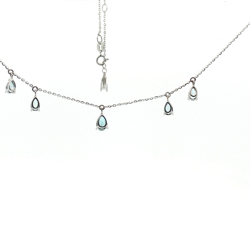  Collana in Oro Bianco con 5 Acquamarine a Goccia (0.98 ct) - Lunghezza 45 cm - CICALA
