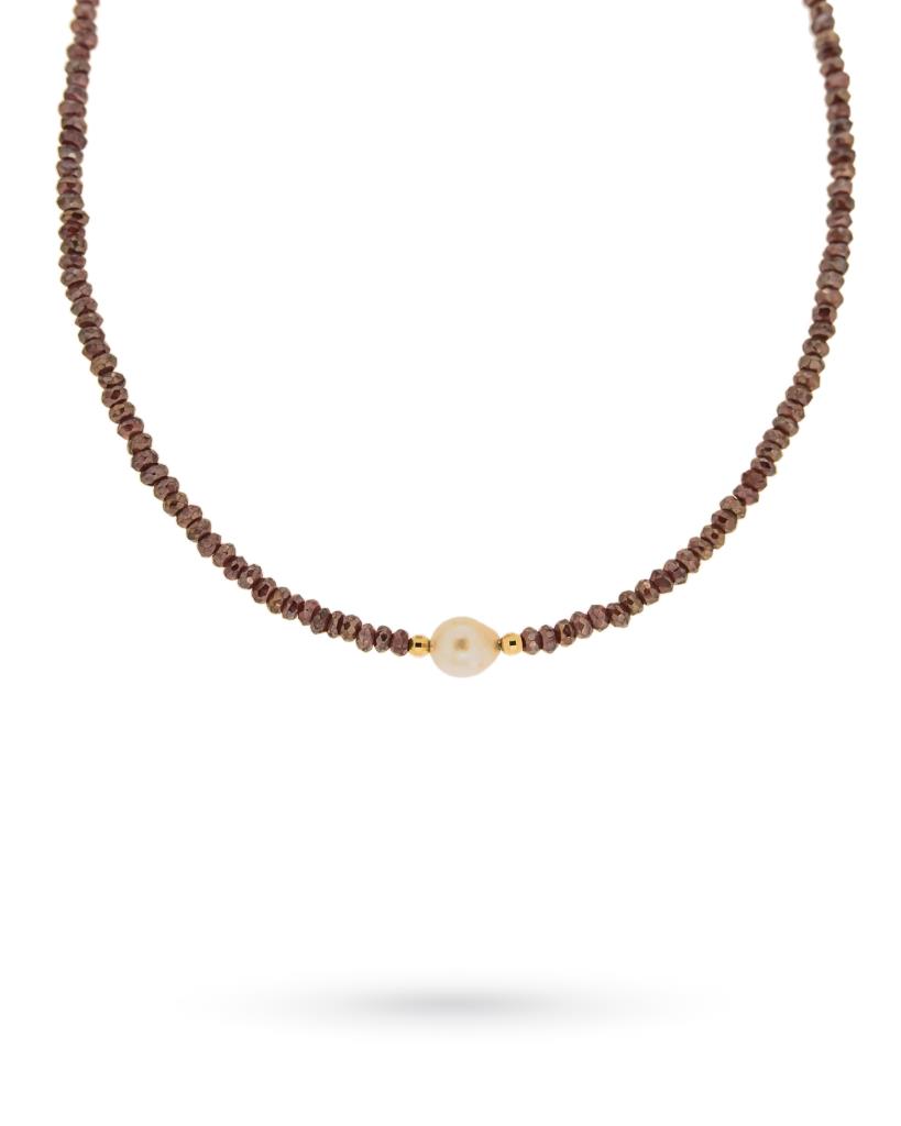 18kt yellow gold necklace with rhodolite and pearl - GABRIELLA RIVALTA