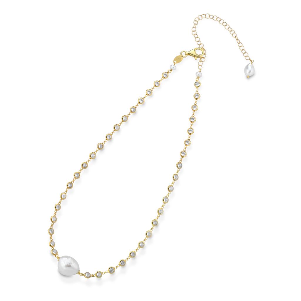 Necklace in gilded silver with zircons and central pearl - GLAMOUR