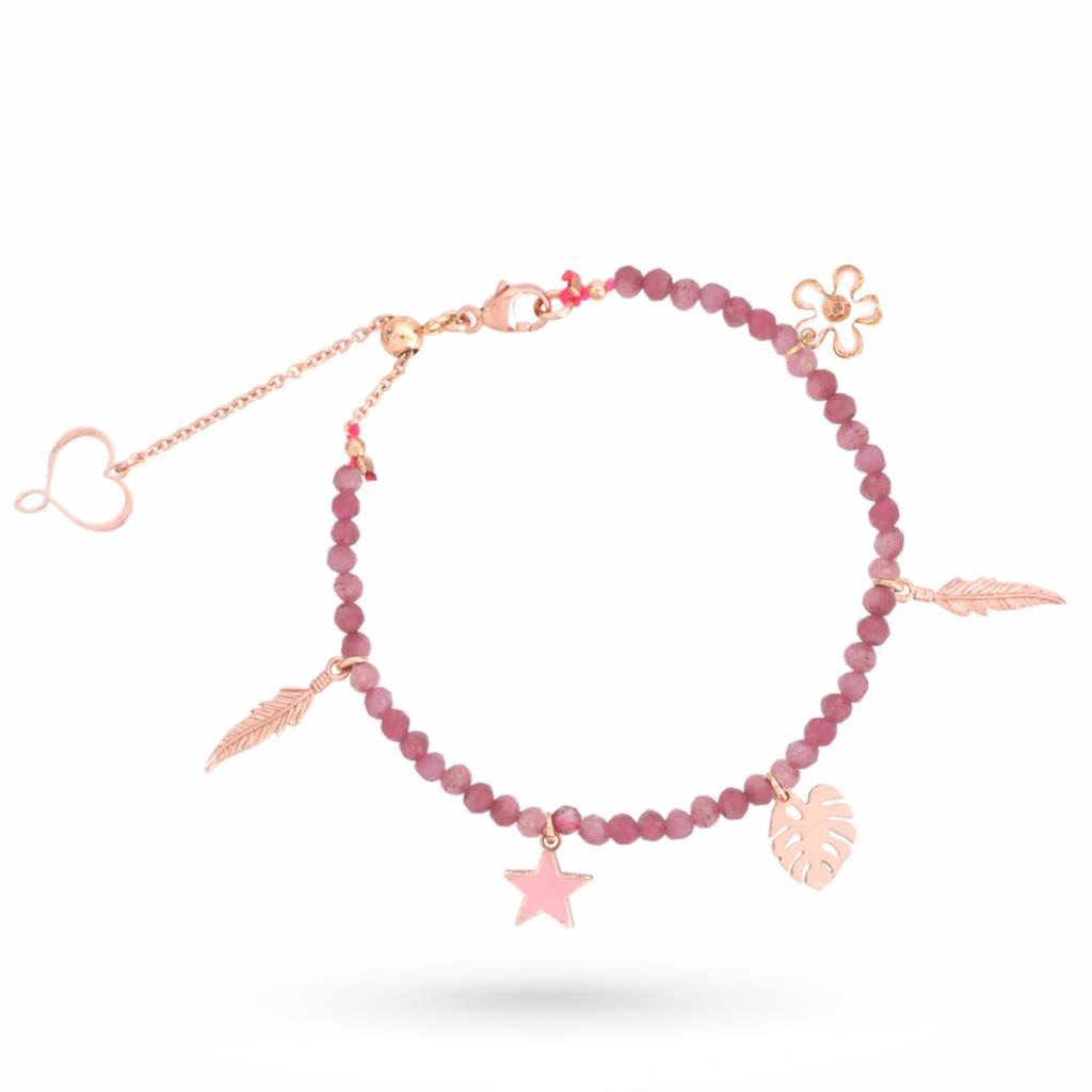 Bracelet with pink tourmaline and pendants in 925 silver plated with rose gold - MAMAN ET SOPHIE
