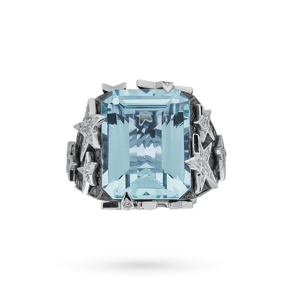  Large aquamarine gold ring white and black diamonds - CICALA