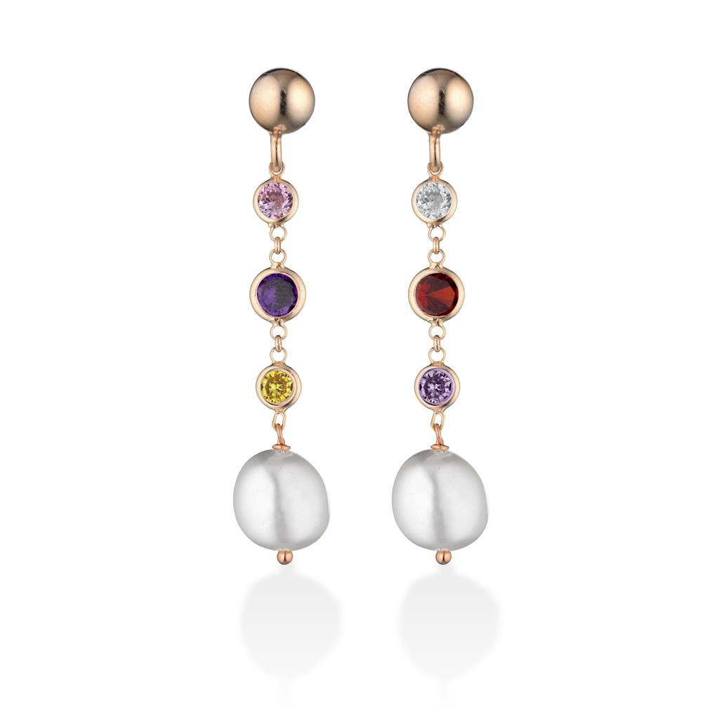 Pink silver pendant earrings with colored zircons and pearls - GLAMOUR