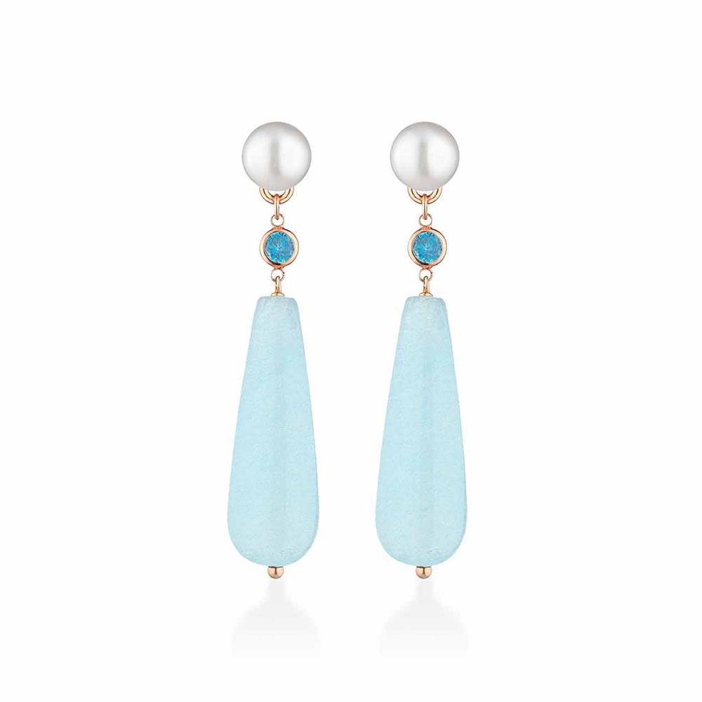 Fresh water pearl earrings pink silver blue zircon light blue jade - GLAMOUR