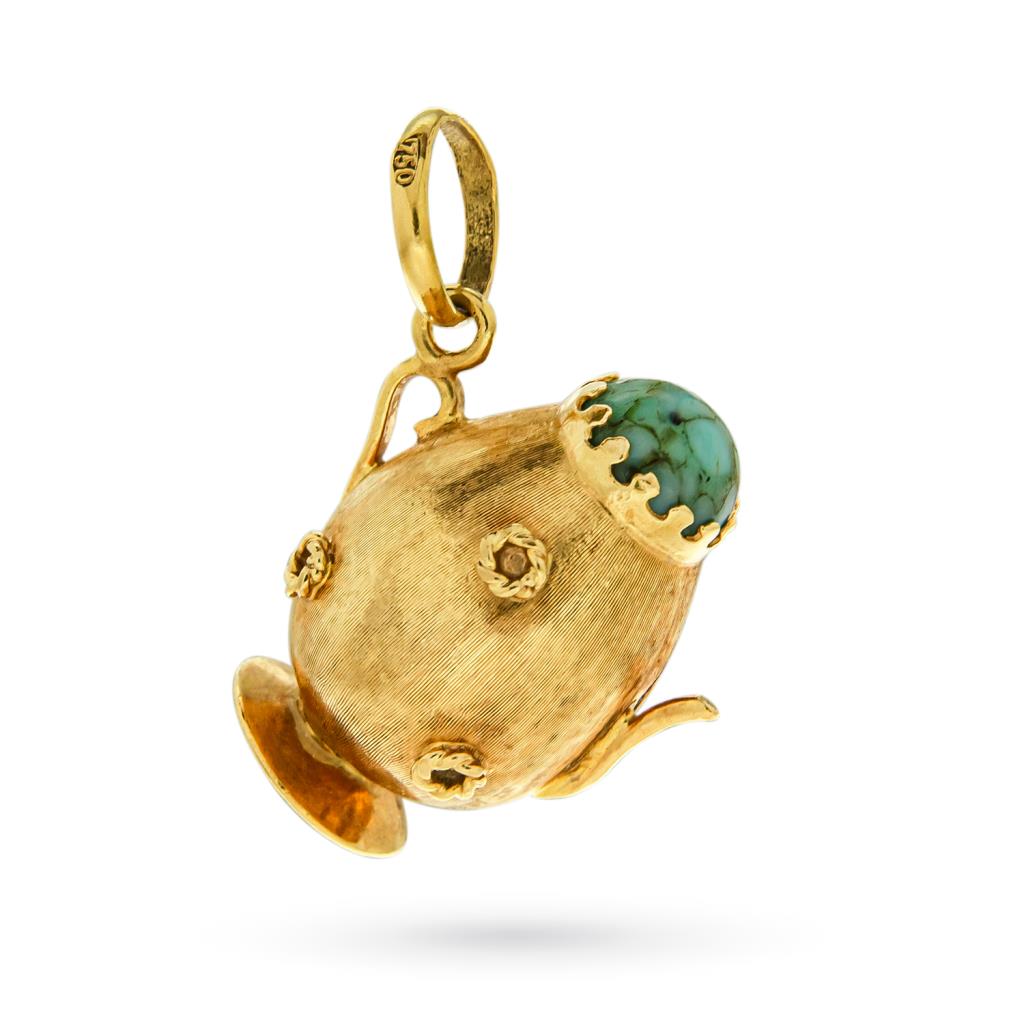 Vintage teapot charm 18kt yellow gold and turquoise - 