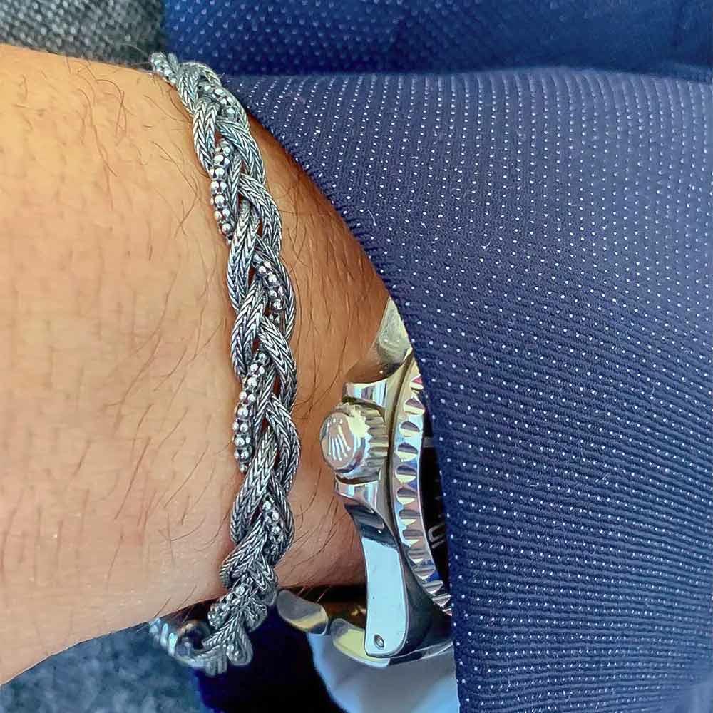  Men's bracelet burnished braids grains 19+3 cm in silver - MARIA CRISTINA STERLING