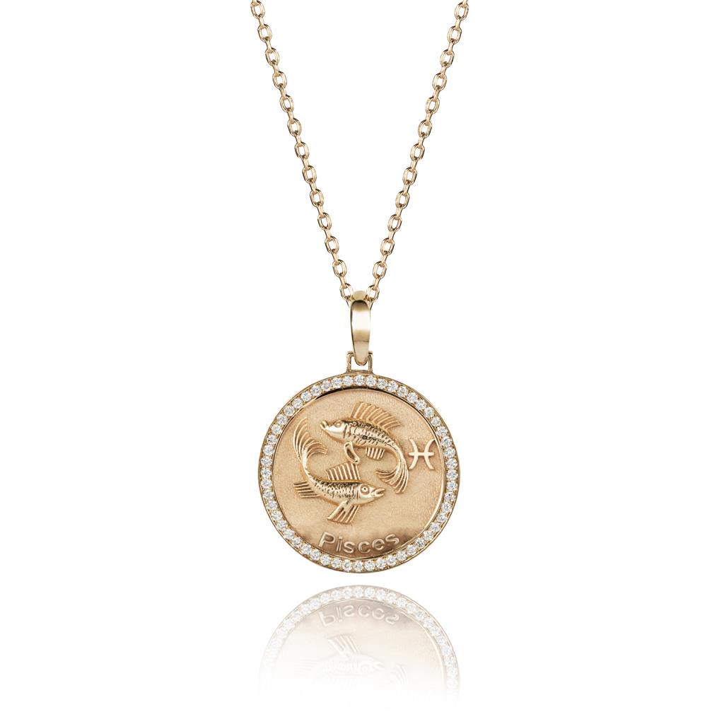 Pisces zodiac sign gold and diamond medal necklace - RF JEWELS