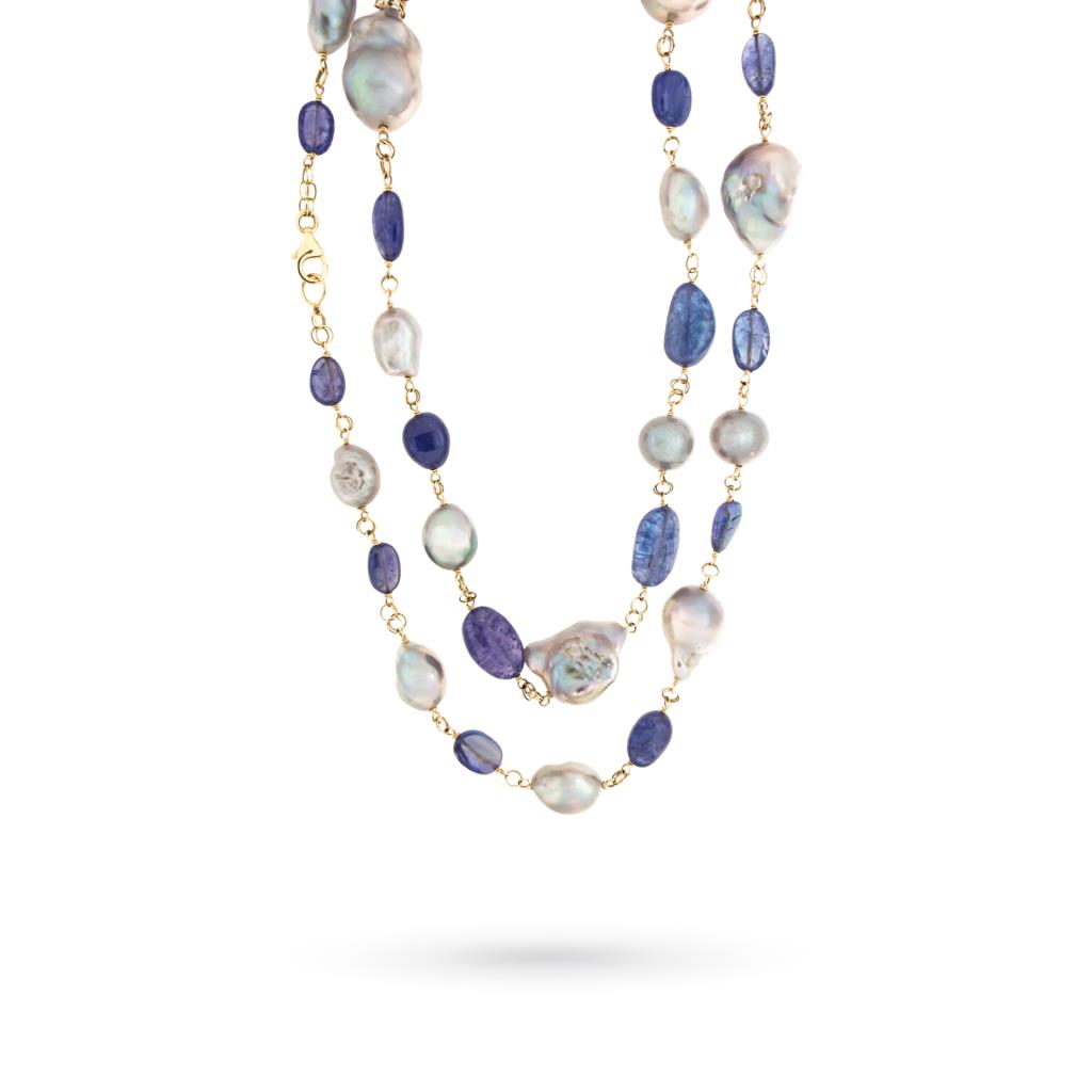 Long necklace yellow gold tanzanites pearls 100cm - PETRALUX