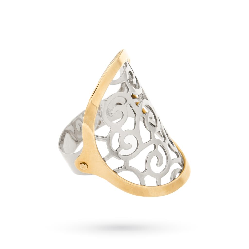 Anello in oro bianco e giallo 18kt  ovale traforato con spirali - LUSSO ITALIANO