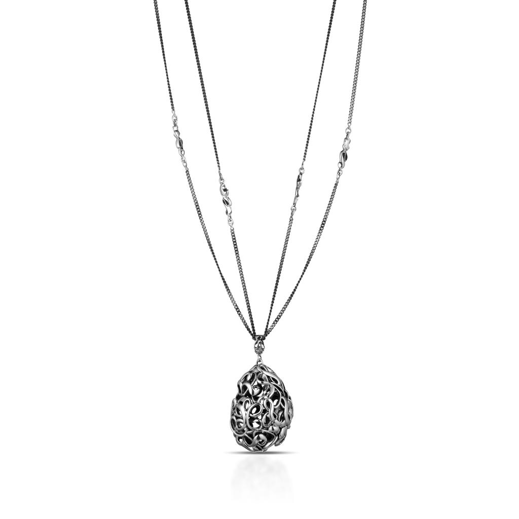  1 meter long necklace in 925 silver with oval embroidered pendant - MARESCA OFFICINE ORAFE